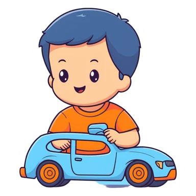cute toddler boy with pastel blue clothes playing with a blue toy car sticker