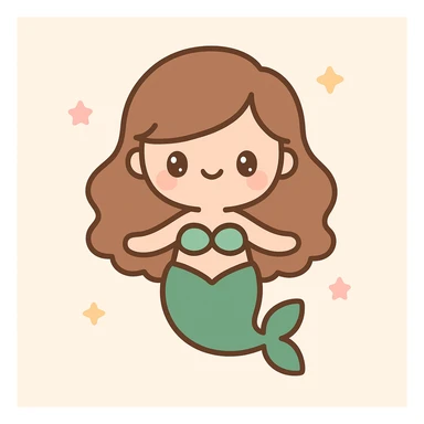 a mermaid with a forest green tail and chestnut brown hair, cute and whimsical style, charming, playful sticker