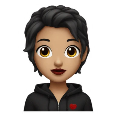 Tiny White girl lightly tanned with very short jet black coloured haircut (her hair are full black) black eyes and black hair wearing black messa hoodie like alyx Vance and red lipstick  sticker