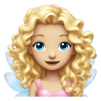 Fairy, a blonde hair with blue eyes and a pink dress with sparkly wings. White wings. The fairy has long, curly hair with a lot of volume sticker