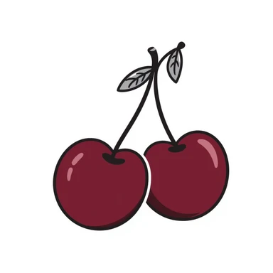 Hand-drawn pair of deep burgundy cherries with stem and leaves, dark rich red sticker