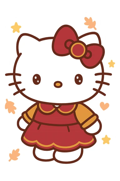 Hello Kitty Autumn Style, with a burgundy and metallic gold bow, and a matching outfit sticker
