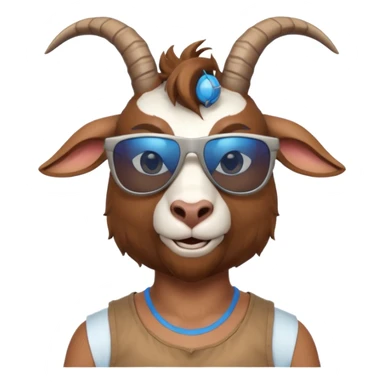 3D cartoon goat man portrait, head and shoulders, brown fur, small horns, blue reflective sunglasses, slight smile, tank top, soft lighting, centered, clean background, no text, no watermark
 sticker