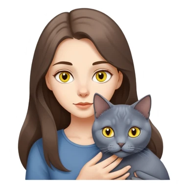 White girl with long brown hair holding russian blue cat with yellow eyes  sticker