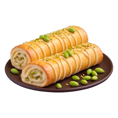 Halawet el Jibn dessert, rolled cheese and semolina pastry with creamy filling, drizzled with syrup and sprinkled with pistachios, appetizing and inviting, on a small plate sticker