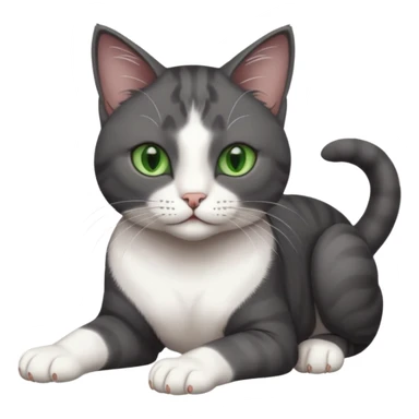 beautiful female solid dark grey cat with green eyes, white toes/paws and white patch on her chest rolling over sticker