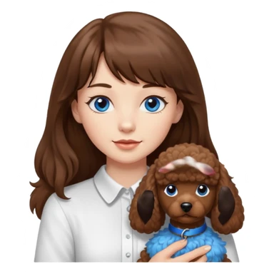 Kobieta z długimi brązowymi włosami, ma grzywkę i niebieskie oczy. Ubrana w białą koszulę. Trzyma na rękach brązowego pudelka. sticker