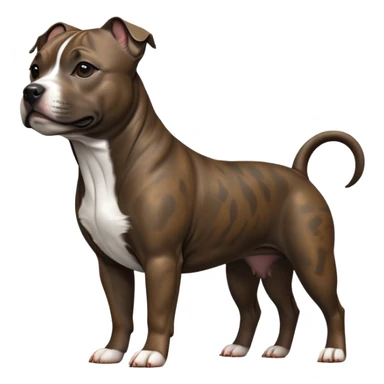 cinematic-[Staffordshire bull terrier]-realistic-full-body-standing-emoji,-tail-resting-loosely-beside-its-paws,-head-tilted-dramatically, -sleek-[dark solid brindle]-fur,-simplified-yet-realistic-focused-features,-highly-detailed,-glowing-with-an-almost-sarcastic-glow sticker