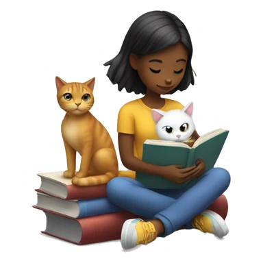 a girl reading a book and a cat sticker