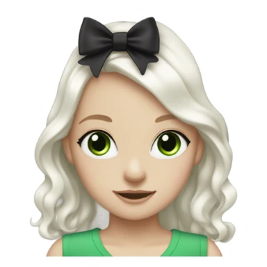 pale girl with long platinum white wavy hair with bright green eyes and wearing a black hair bow sticker