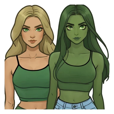 Three women, one with light skin with dark blonde long hair with green eyes, light skin black long hair with brown eyes and light skin long blonde hair with blue eyes wearing crop tops sticker