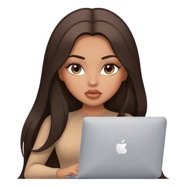 Glamours tanned very beautiful girl with big pump peach lips and dark chocolate straight smooth long hair, blue-grey eyes in brown/beige bodysuit with MacBook sticker