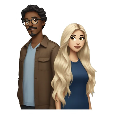 brunette, long haired, brown eyed, madison beer wearing Aritzia standing next to blonde man with , mustache, blue eyes, and brown glasses sticker