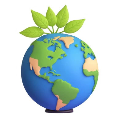 Green leaf on top of a round Earth globe, simple background, soft light sticker