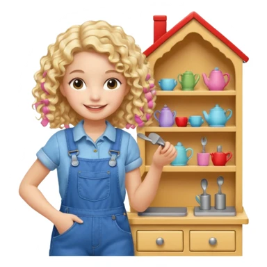 smiling blonde curly girl arranging furniture in doll house with overalls sticker