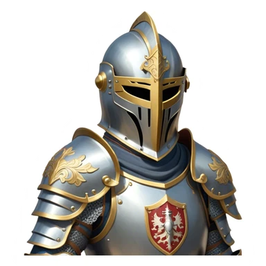 Clash of Clans aesthetic: Cinematic heroic Armored Knight Hero close up Emoji, rendered in a 3D vector-style similar to standard emojis with minimal shading and bold, simplified shapes. A compact, isometric warrior clad in gleaming plate armor with intricate heraldic details, softly glowing with a chivalrous medieval charm. Simplified yet unmistakably iconic, highly detailed and consistent, glowing with a soft radiant shine and high polish. Stylized with a touch of noble valor and a soft glowing outline, wearing a full face helm so that no face is visible with only eyes visible, capturing the essence of a gallant knight ready for honorable battle with a friendly, playful manner! sticker