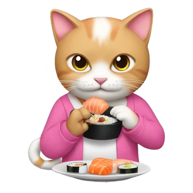 A cat eating sushi with a pink shirt on sticker