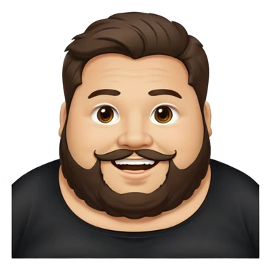 Joven obese, barba, long hair, pelo largo, cuerpo grande, latino piel canela, cara redonda-ancha, scruff sin barba completa, cejas gruesas, pelo oscuro ondulado flat largo hasta el cuello. Sonrisa amplia, expresión alegre. Camisa negra. Size large.  sticker