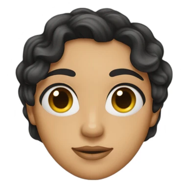 The emoji should have a feminine appearance, with long, flowing, wavy black hair cascading down the sides. The eyebrows are neatly arched, framing striking, almond-shaped eyes adorned sticker