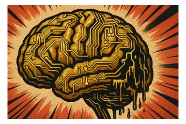 human brain constructed from golden circuitry, with parts melting and glitching, evoking sabotage, old school comic book style, 16:9 aspect ratio sticker
