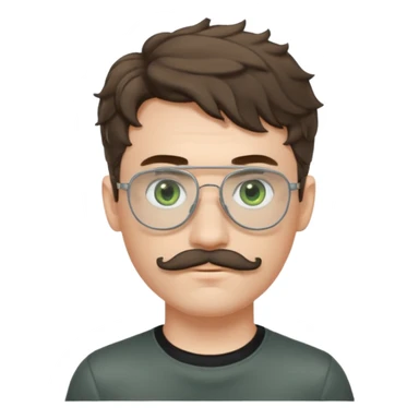 Light brunette wavy haired young man with pale skin and metal aviator glasses. Eyes are greenish grey and he has a moustache. Black t-shirt. sticker