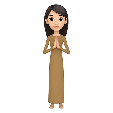 Make the woman very thin, standing and praying from the front view, wearing a long tan dress, with dark brown hair, in an emoji style. Remove the background. sticker