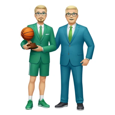 Full Body white male plus size wearing glasses with a goatee with light blonde and gray very short hair happy basketball head Coach in blue and green suit holding trophy sticker