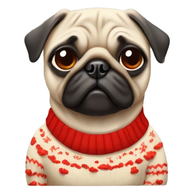 Pug dog wearing a sweater with red mushrooms sticker