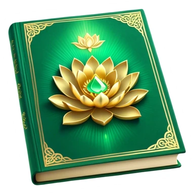 A soft emerald green magic book front cover en terciopelo, with golden details, a ray of light, or a lotus on the cover, radiating presence, tranquility, and spiritual awakening sticker