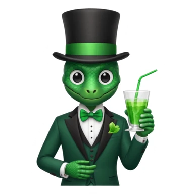 snake wearing suit, bowtie and top hat, holding a glass of green drink sticker