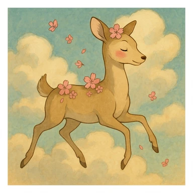 feminine adult vanilla cloud doe with rosy cheeks and cherry flowers, floating gracefully, Ghibli style sticker