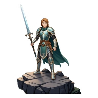 An icon representing an RPG, inspired by Elden Ring, featuring a lone warrior standing on a cliff overlooking a vast, mystical landscape. The design includes intricate armor, a glowing sword, and a majestic, otherworldly sky. Transparent background sticker