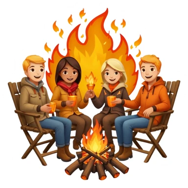Born fire and people sitting beside born fire on chairs. Born fire is in the centre sticker