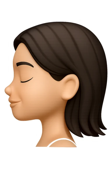 Create a side profile view of this girl's head in Apple emoji style with eyes closed and a gentle smile. The image should have a 3D look with soft shading and a transparent background, capturing the essence of Apple style emojis. sticker
