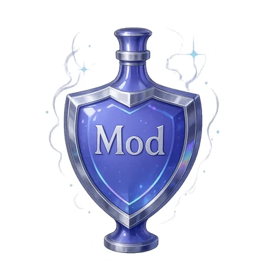 prabangus eliksyro buteliukas, skydo forma, spalva #7986cb, sidabrinės ir holografinės detalės, daug magiškų efektų, labai mažas kaklelis, vientisas dugnas, skaidrus fonas, plūduriuoja ore, be pagrindo ar šešėlio, modernus, kolekcijai tinkamas, ant buteliuko užrašas 'Mod' sticker