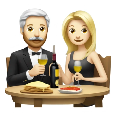 Repas raclette et deux verres de vin blanc en couple, femme blonde cheveux aux-dessus des épaules homme petite barbe et moustache grisonnantes et cheveux bruns grisonnant  sticker