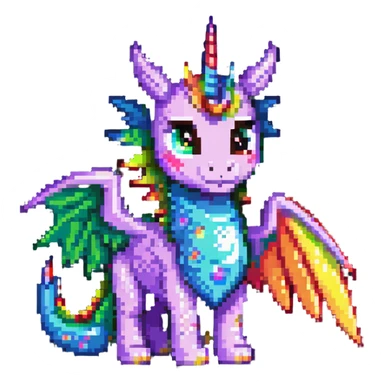 dragon with oversized eyes, rainbow-colored wings, and a unicorn horn sticker