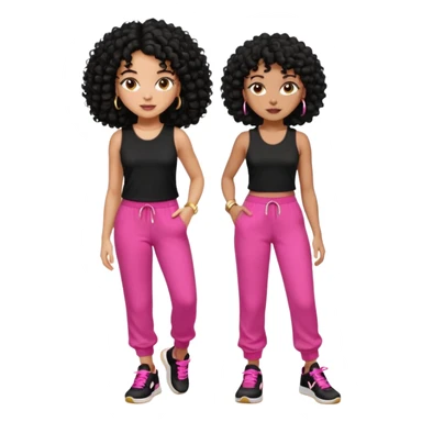 Black woman, adult, 4C black curly hair, dark brown eyes, wearing black top, pink pants, black sneakers, gold hoop earrings mostrando os músculos  sticker