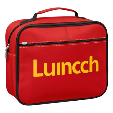 red lunch bag with the word lunch on it sticker