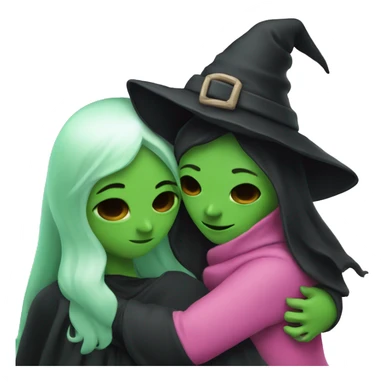 Witch dressed in black with green skin hugging pink dressed white witch sticker