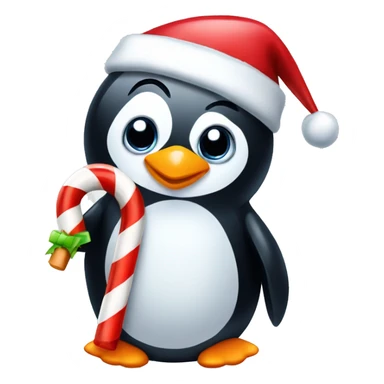 A penguin with a candy cane and christmas hat sticker