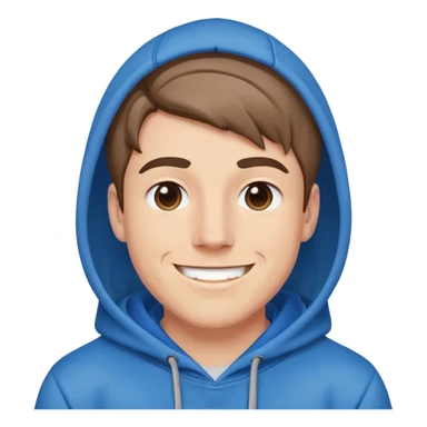Mr. Beast wearing a blue hoodie with a friendly smile sticker