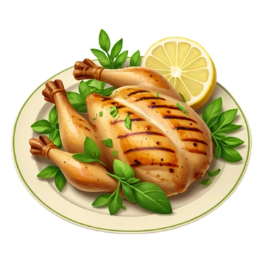 Draw a grilled chicken on a plate with herbs & lemon slices. sticker