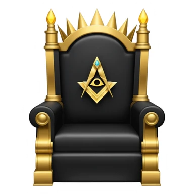 wide big iron black Illuminati throne with gold trim and glowing Illuminati symbol sticker