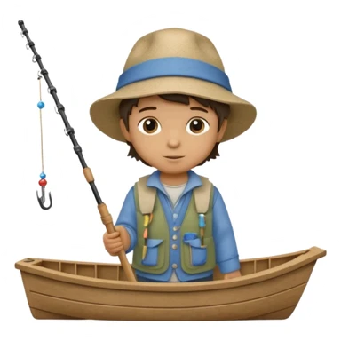 A single Little boy on a little boat fishing, felt texture, scrapbooking, precious moments style character sticker