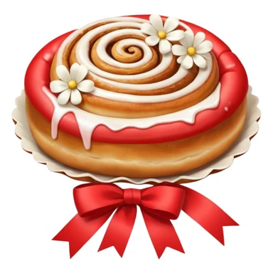 A cinnamon roll , white flowers bouquet with red ribbon and cute white bow sticker