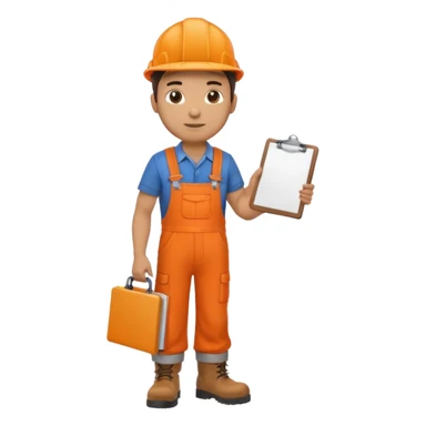 Male railway engineer orange overalls, boots holding a clipboard in one hand sticker