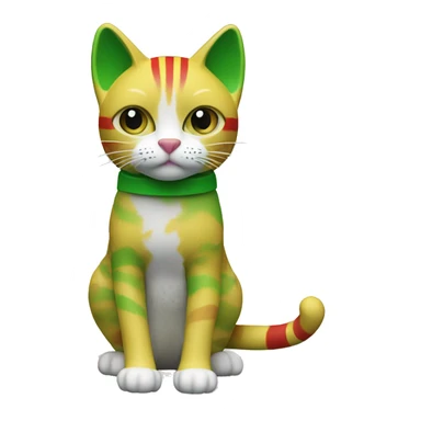 cat doll yellow head, Green right ear, Strip-pattern green white Left, Red body, Black right arm, Green Left arm sticker
