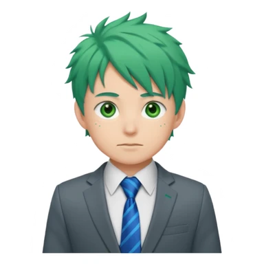 deku : boy anmie green hair green eyes in a ua gray jacket and blue tie suit with frenkles sticker