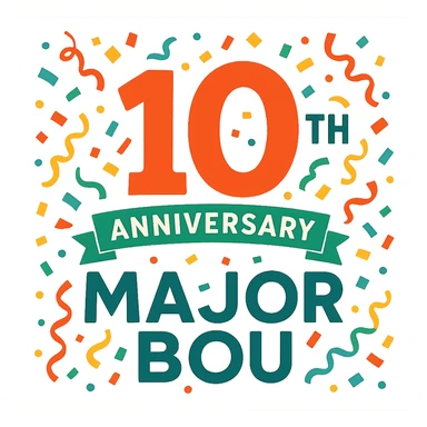 Celebratory 10th anniversary logo for Major Bou with confetti and a festive color palette sticker